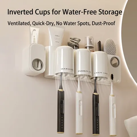 Support Brosse À Dents Blanc Crème Mural Distributeur Dentifrice Automatique Avec Gobelets Magnétiques Organisateur De Salle Bain
