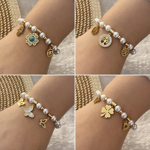 Böhmisches Handgefertigtes Künstliche Perlenarmband Edelstahl Imitationsperle Lebensbaum Schmetterling Hamsa Hand Anhänger Schmuck Für Damen