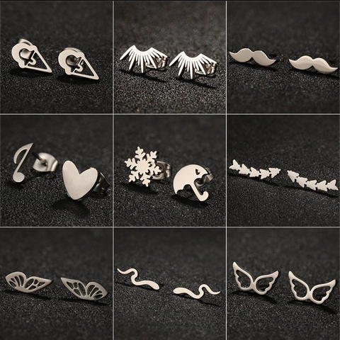 Stainless Steel Stud Earrings Minimalist Geometric Heart Umbrella Mustache Ice Cream Shape Fashion Jewelry For Women