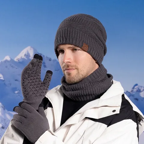 Conjunto De Gorro De Punto Calentador De Cuello Y Guantes Táctiles Forro Polar Acrílico Cálido Cortavientos Exterior Hombre