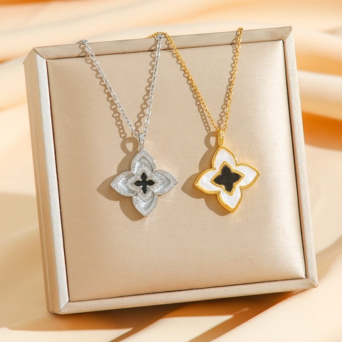 Collier Pendentif Trèfle À Quatre Feuilles Acier Inoxydable Avec Coquille Strass Double Face Élégante Chaîne De Clavicule