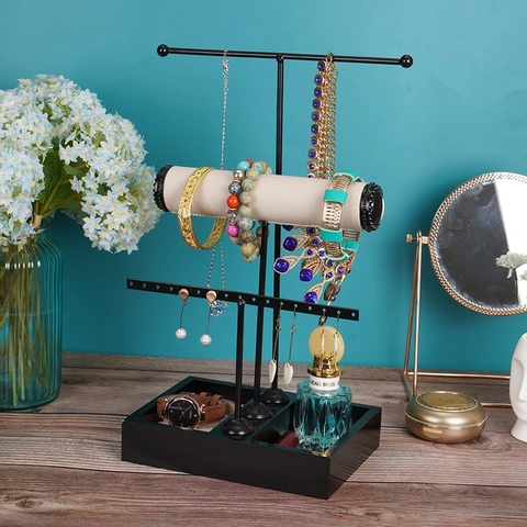 Jewelry Display Stand Holder Metal Multi Tier With Velvet Roll For Necklaces Earrings Bracelets Rings Detachable Organizer
