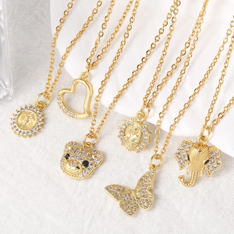 Zircon Inlaid Copper Gold Plated Pendant Necklace Butterfly Bear Elephant Religious Heart Fashion Clavicle Chain For Women