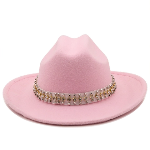 Cappello Fedora A Tesa Larga Feltro Di Lana Stile Cowboy Occidentale Fascia Decorativa Strass Rivetti Festa Viaggio Unisex