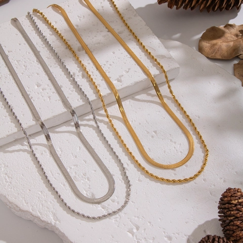 Double Layer Necklace 304 Stainless Steel 18K Gold Plated Snake And Twist Rope Chain Waterproof Hypoallergenic Jewelry