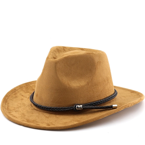 Cappello Da Cowboy Western Vintage Similpelle Scamosciata Fedora A Tesa Larga Con Fascia Intrecciata Decorativa Stile Jazz