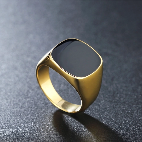 Anillo de Sello Minimalista de Acero Inoxidable Esmalte Negro Cuadrado Joyería Geométrica para Hombre Moda Diaria Pulido