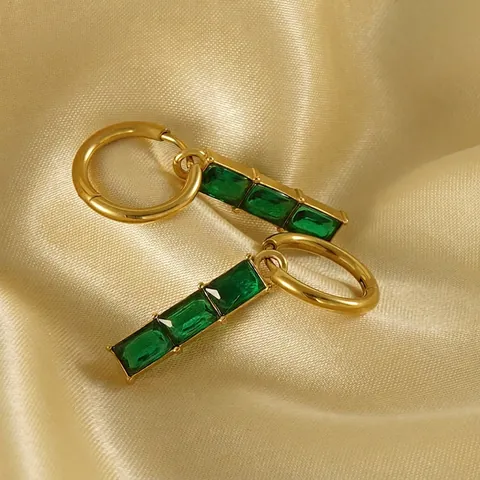 Vintage 18K Gold Plated Stainless Steel Hoop Earrings With Rectangular Green Zircon Dangle For Women Geometric Style