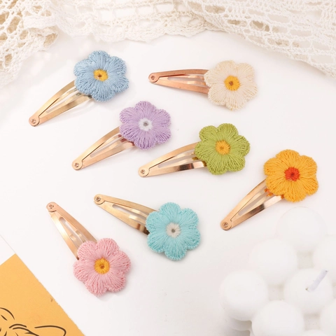 Süße Gestrickte Blumen Haarklammern Macaron Bonbonfarben Handgemachte Baumwollgarn Snap Clips Für Kinder Mädchen Haarschmuck
