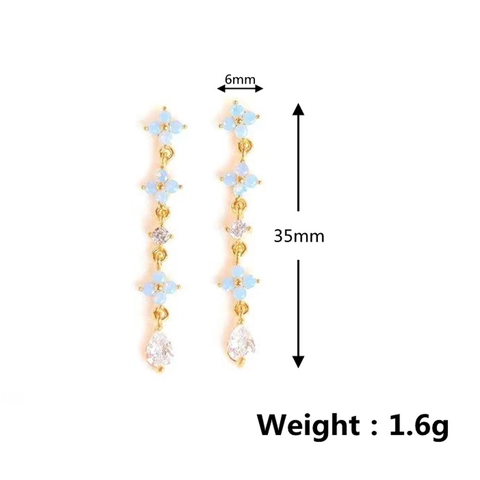 Orecchini Pendenti A Fiore Rame Placcato Oro 18K Con Zircone Blu E Opale Artificiale Stile Coreano Eleganti Donne
