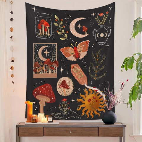 Bohemian Mushroom Moon Stars Wall Tapestry Polyester Vintage Desert Cactus Snake Art Hanging Cloth For Bedroom Living Room