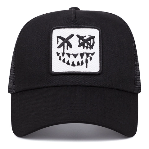 Gorra Trucker Algodón Malla Parche Cara Graffiti Bordado Visera Curva Ajustable Streetwear Para Hombre Mujer