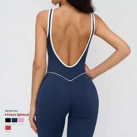 Women Yoga Jumpsuit Polyamide Spandex Backless Contrast Piping Square Neck High Elastic Sportswear Jumpsuit