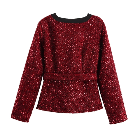 Damen Pailletten Tweed Jacke V-Ausschnitt Elegant Kontrastbesatz Gürtel Oberbekleidung Herbst Winter Party Top Weinrot