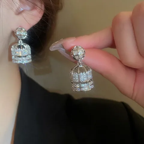 Orecchini A Lobo A Gabbia Per Uccelli Con Perla Artificial Zirconia E Perno In Argento Sterling 925 Eleganti Per Donna