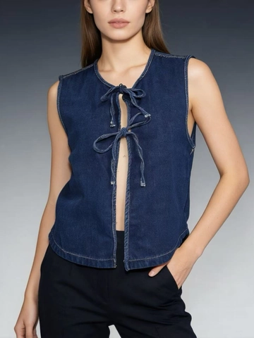 Women Denim Vest Tie Front Sleeveless Top Bow Closure Contrast Stitching Scoop Neck Casual Slim Fitting Fashion