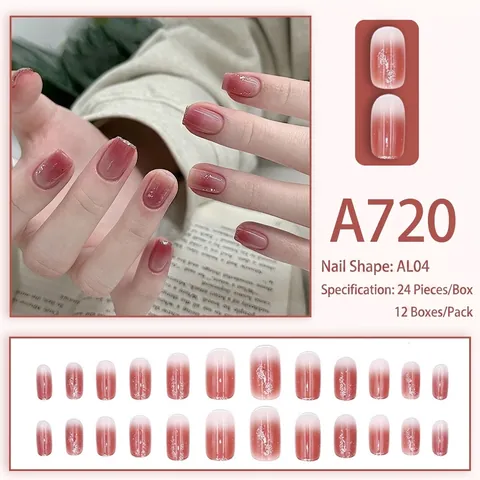 Künstliche Nägel Kurz Rund Farbverlauf Rotbraun Silber Glitzer Glänzend Acryl Falsche Fingernägel Für Frauen