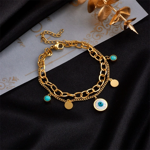 Evil Eye Doppellagiges Armband Edelstahl Vergoldet Türkis Runder Scheibenanhänger Bohemian Modeschmuck Für Damen