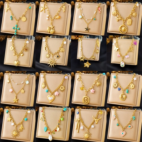 Collana con Ciondolo in Acciaio Inossidabile Oro Bohemian Sole Stella Marina Cuore Farfalla Perla Artificiale Strass Gioielli da Donna