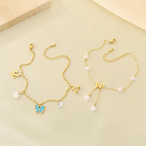 Schmetterling Fußkettchen Edelstahl 18K Vergoldet Kunstperle Zirkon Emaille Anhänger Sommer Strand Mode Schmuck Für Frauen