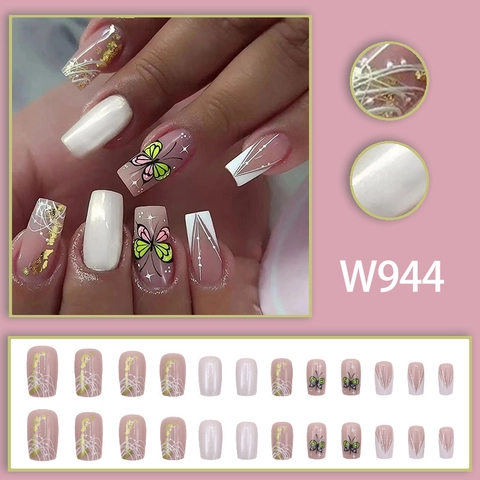 French Butterfly Square Press On Nails With Gold Foil Artificial Pearl White Elegant Sweet Style Artificial Finger Nails