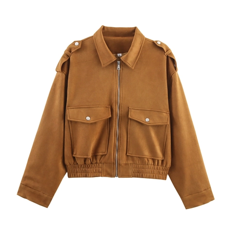Giacca In Scamosciato Da Donna Corta Larga Con Cerniera Cargo Bomber Con Tasche E Spalline Tinta Unita