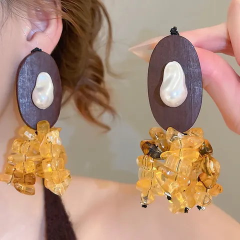 Pendientes Madera Resina Bohemio Poste Plata De Ley 925 Perla Barroca Artificial Irregular Joyas Étnicas Para Mujeres