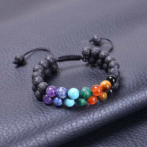 Double Layer Natural Lava Rock 7 Chakra Beaded Bracelet Adjustable Braided Rope Healing Energy Stone Jewelry Men Women