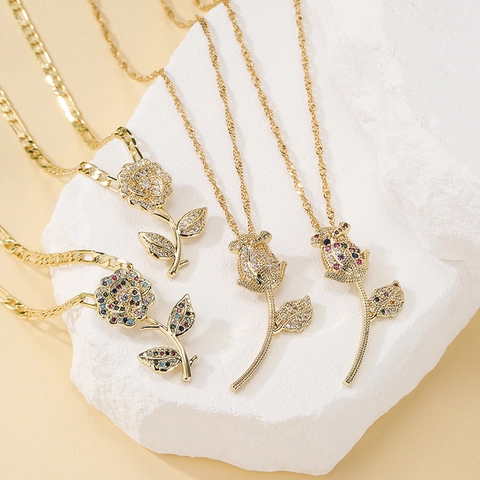 Rose Flower Pendant Necklace 18K Gold Plated Copper Cubic Zirconia Elegant Ins Style Fashion Jewelry For Women