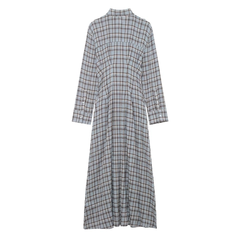 Vestito A Camicia A Quadri Maniche Lunghe Abbottonato Revers Vita Alta Poliestere Intrecciato Casual Dolce Moda Donna