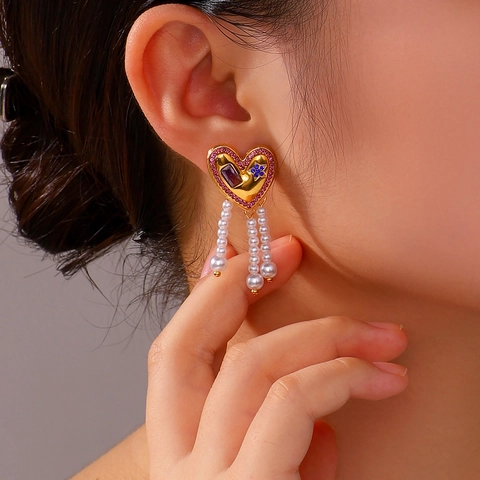 Pendientes Colgantes Corazón Acero Inoxidable Chapado En Oro 18K Diamantes De Imitación Perla Artificial Borla Joyería De Lujo Para Mujer