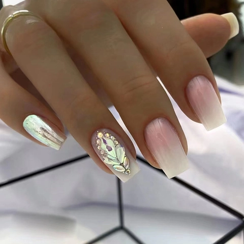Faux Ongles À Coller Dégradé Rose Blanc Strass Paillettes Luxe Long Cercueil Ballerine Pour Femmes Manucure