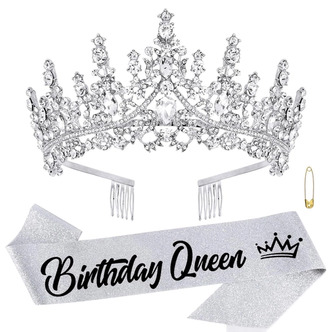 Birthday Queen Schärpe Und Strass Tiara Frauen Mädchen Party Dekorationen Glitzer Stoff Kristall Krone Funkelnd