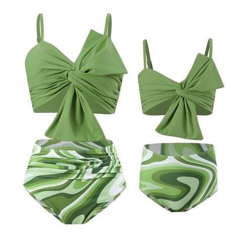 Women Girls Matching Nylon Bowknot Bikini Top And Bottom Tropical Floral Print High Waist Swimwear Parent-Child Beachwear