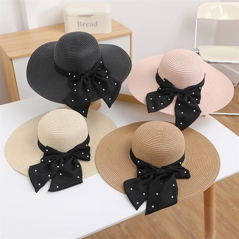 Wide Brim Straw Hat For Women Sun Protection Beach Ribbon Bow With Artificial Pearl Decor Summer Foldable Breathable Elegant