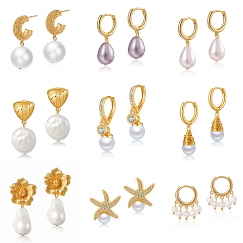 Vintage Copper Gold Plated Artificial Pearl Drop Earrings Starfish Flower Inlaid Rhinestone Earrings For Women Jewelry Gift