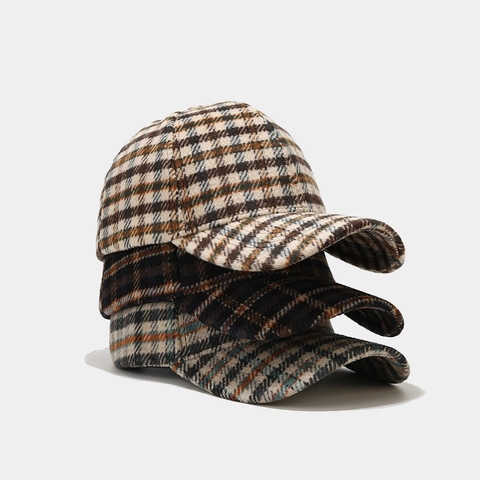 Retro Plaid Baseball Cap Vintage Checkered Woolen Texture Adjustable Sunshade Hat Autumn Winter Unisex