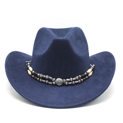 Western Cowboyhut Wildlederfilz Breite Krempe Ethnisches Perlenband Vintage Retro Jazz Fedora