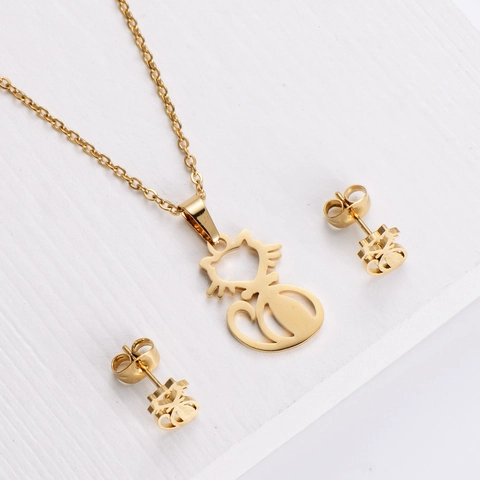 Hollow Out Cat Pendant Necklace And Earrings 18K Gold Plated Stainless Steel 316 Cute Animal Jewelry For Women