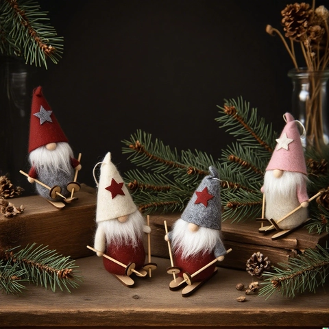 Gnomo Di Natale Sci Bambola Senza Volto Ornamento Appeso Feltro Legno Decorazione Albero Festivo Nordico