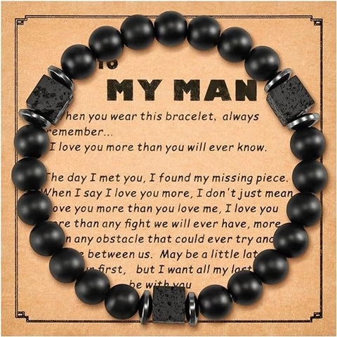 Handmade Men Beaded Bracelet Natural Matte Black Agate And Lava Stone Elastic Rope Jewelry Gift For Father