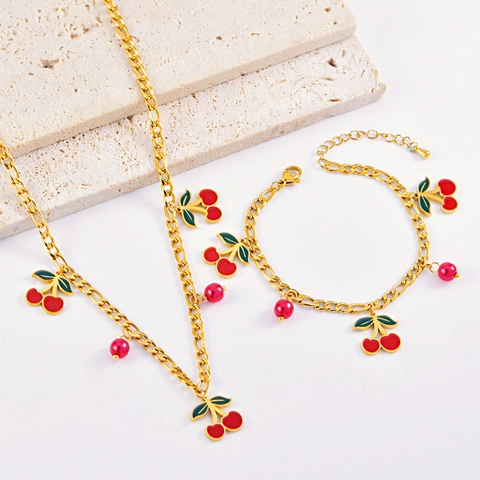 Ciliegia Frutta Ciondolo Collana Bracciale Orecchini Acciaio Inossidabile Placcato Oro Smalto Dolce Fresco Per Donne Ragazze