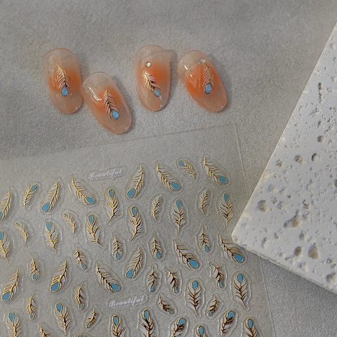 5D Nail Art Stickers Feather Pattern Embossed Self Adhesive Gold Edge Waterproof DIY Decoration Manicure For Women