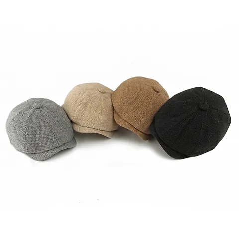 Vintage Wool Blend Newsboy Cap For Women Autumn Winter Solid Color Knitted Baker Boy Hat Retro British Octagonal Hat Men