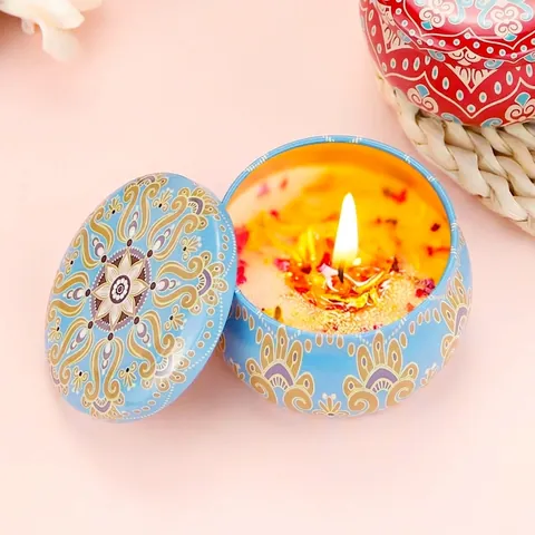 Scented Soy Wax Candles Tin Mandala Pattern With Dried Flowers For Home Decoration Relaxation Aromatherapy Gift