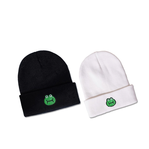 Cute Frog Embroidery Knitted Beanie Hat Acrylic Warm Cuffed Winter Skull Cap For Men Women Trendy Solid Color