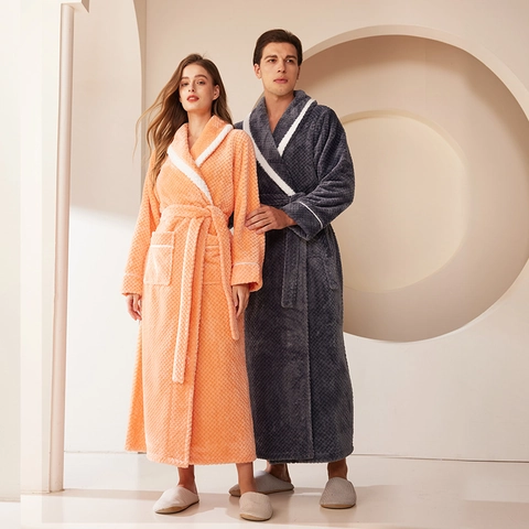 Unisex Flannel Bathrobe Long Nightrobe Thickened Shawl Collar Contrast Trim Waffle Texture Winter Sleepwear Loungewear For Couples