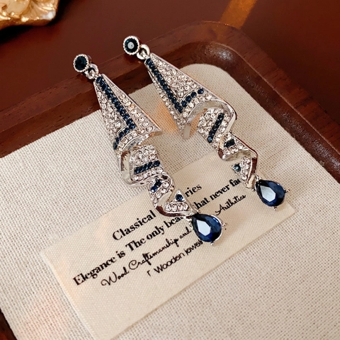 Pendientes Colgantes Elegantes De Cinta En Espiral Con Piedra De Gota De Agua Azul Aleación Diamantes De Imitación Y Poste De Plata