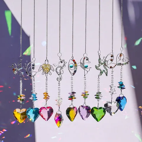 Crystal Suncatcher Hanging Ornament Heart Prism Rainbow Maker Wire Wrapped Animal Metal Frame Garden Decor