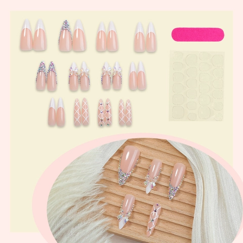 Uñas Postizas Stiletto Largas Punta Francesa Blanca Diamantes De Imitación Mariposa 3D Elegantes Glamurosas